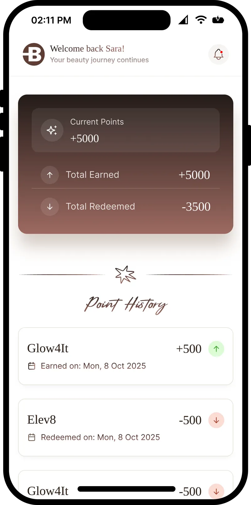 Bella Rewards app screen 1