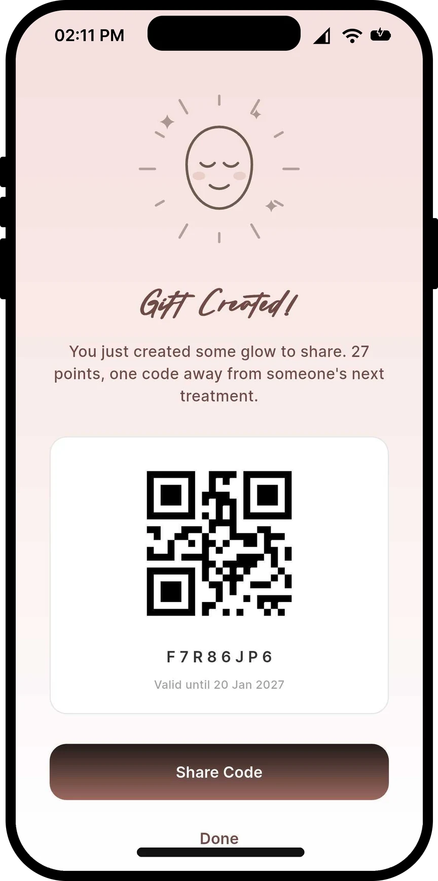 Gift points screen in the Bella Rewards app